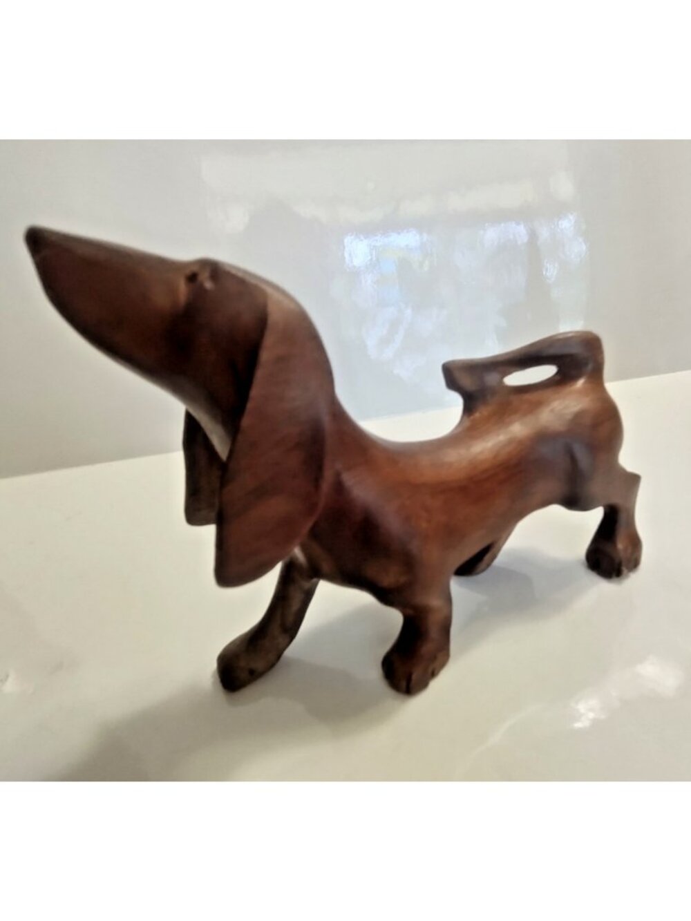 Hand Carved Dachshund Dog Sculpture Teak Wood 4 1/2" long x 3 1/2" tall